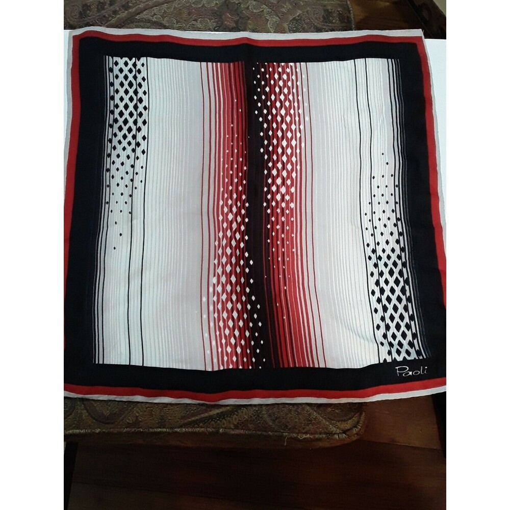 Vintage Graphic Scarf, 1960s Paoli ,Signed, Red And Black 20.5x20.5 in
